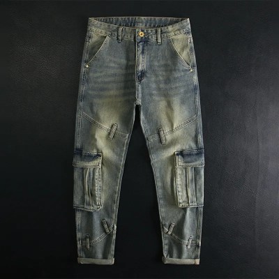 Multi pocket patchwork jeans for men, slim fit, small feet, elastic retro, high-end motorcycle riding trend, heavyweight pants