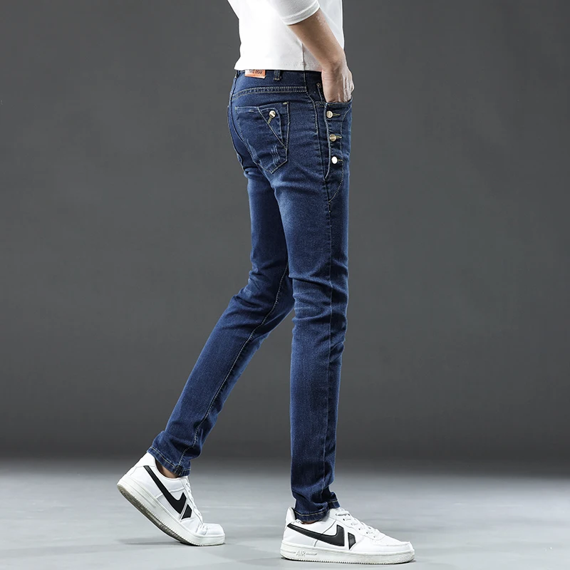 New Men Slim Korean Button Jeans Black Skinny Solid Color Stretch Multi-button Youth Male Denim Pants Streetwear - Image 2