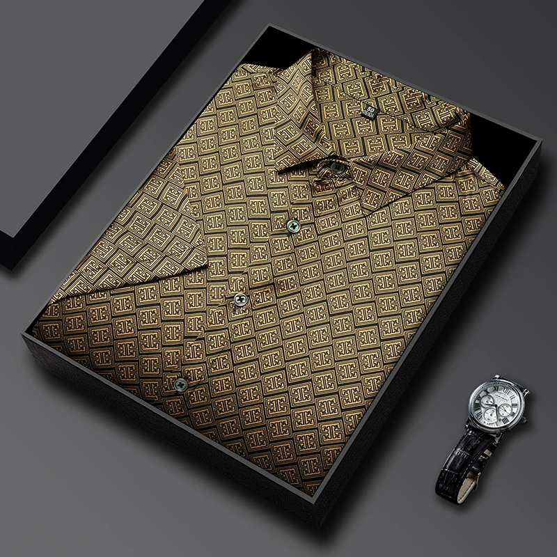 Skin-Friendly Silk Shirts For Men Short Sleeve Golden Print Thin Summer Quality Silky Comfortable Casual Lapel Camisas De Hombre