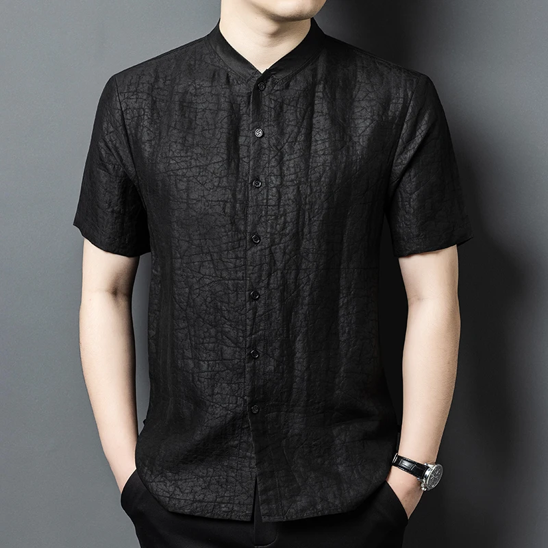 Gambiered Canton Gauze Shirts For Men Short Sleeve Lightweight Summer Quality 100% Silk Soft Comfortable Crack Camisas De Hombre