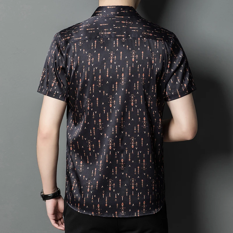 HT6702 All Match Print Silk Shirts For Men Short Sleeve Coolness Summer High Quality Soft Comfortable Anti-Wrinkle Chemise Homme - Image 3