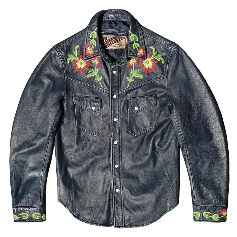 Blue Spring Leather Shirt Men Vintage Style Plus Size 5XL Genuine Natural Cowhide Embroidered Flowers Leather Jacket