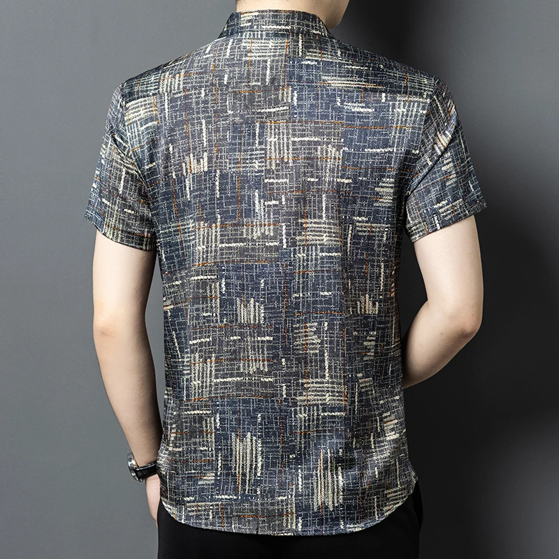 Vintage Print Silk Blends Shirts For Men Short Sleeve Easy Care Summer Quality Cool Feeling Lightweight Casual Camisas De Hombre - Image 3