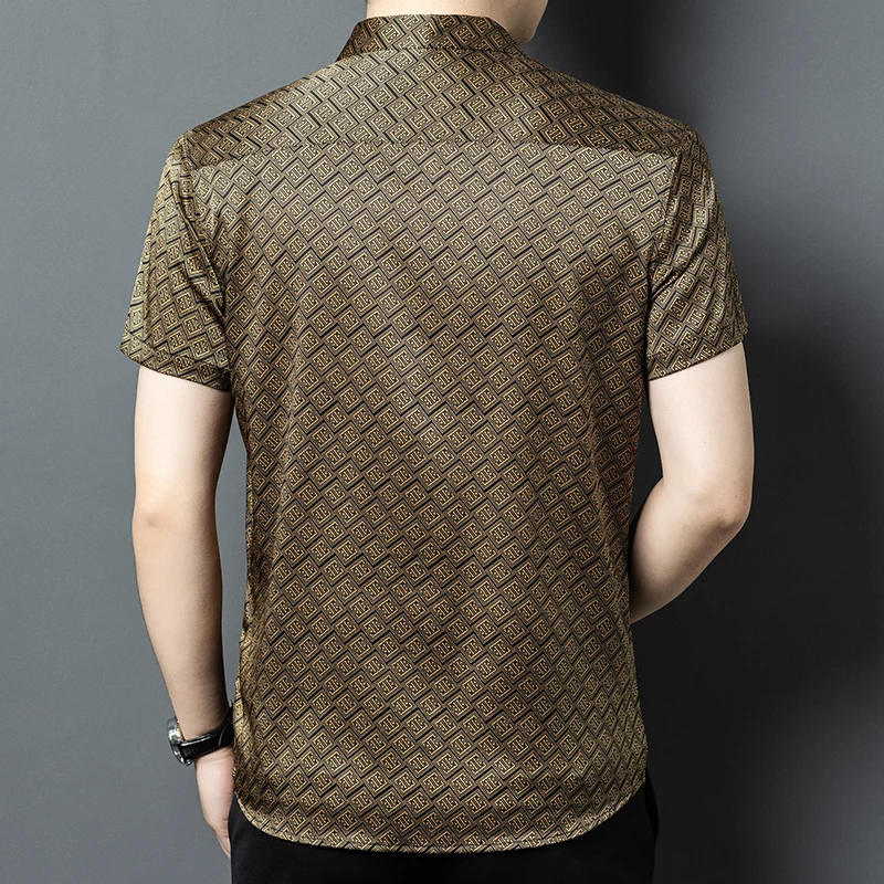 Skin-Friendly Silk Shirts For Men Short Sleeve Golden Print Thin Summer Quality Silky Comfortable Casual Lapel Camisas De Hombre - Image 3