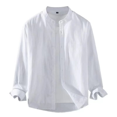 2025 Spring Summer Men's Linen Shirt Pure White Stand Collar Long Sleeve Henley Soft Comfortable Simple Slim Fashion