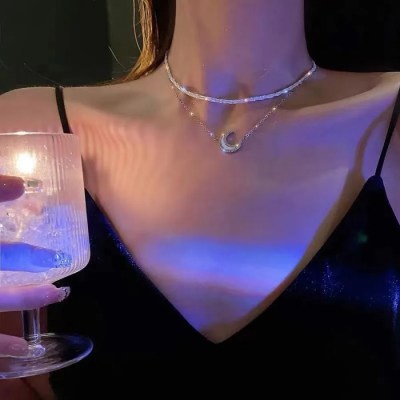Korean Style Minimalist Necklace Full Diamond Moon Pendant Necklace Women Trendy Simple Choker Neck Jewelry Collarbone Chain