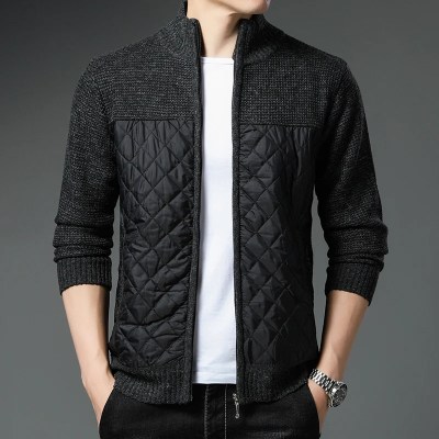 Fleece Cardigan Men Sweatercoat Fashion Patchwork Stand Collar Knitted Cardigan Coat Mens Zipper Casual Sweater Jacket