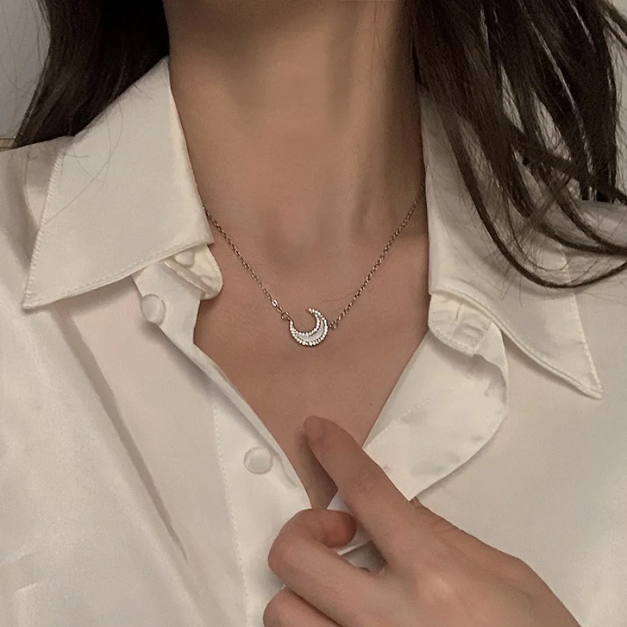 Korean Style Minimalist Necklace Full Diamond Moon Pendant Necklace Women Trendy Simple Choker Neck Jewelry Collarbone Chain - Image 2