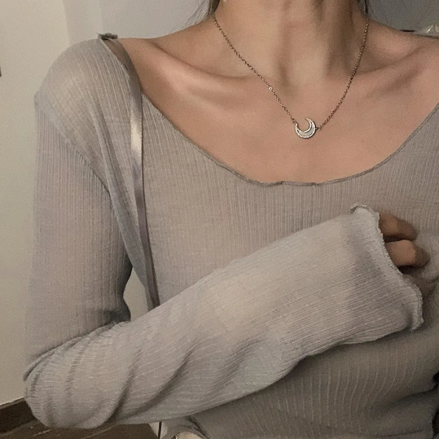 Korean Style Minimalist Necklace Full Diamond Moon Pendant Necklace Women Trendy Simple Choker Neck Jewelry Collarbone Chain - Image 3