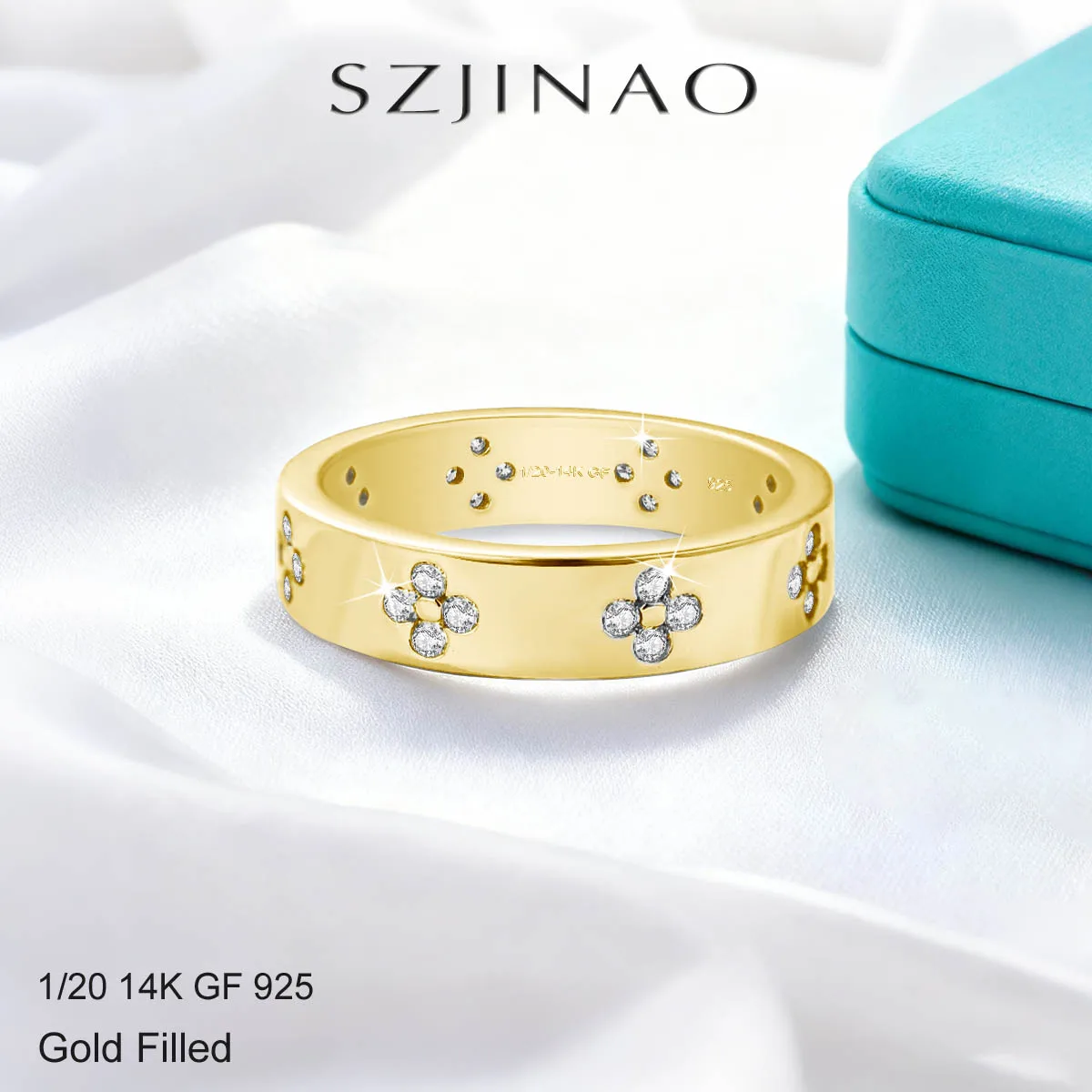 14K Gold Filled Lucky Four-Leaf Clover Moissanite Ring Heavy Industry Design Unisex Minimalist Daily Statement Jewelry for Women