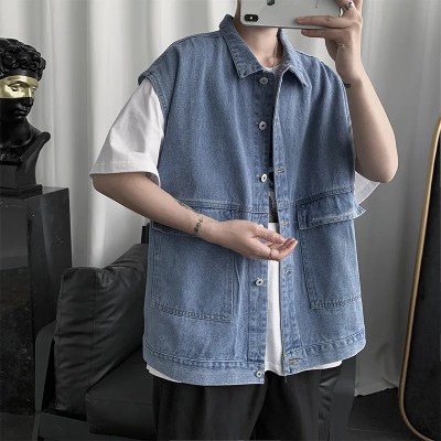 Single Breasted Denim Vest Cardigan Sleeveless Solid Vests Washed Spliced Jackets Loose Casual Buttons Distressed Pockets