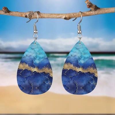Bohemian Blue Ocean Sea Beach Dangles Water Drop Leather Earrings For Women Summer Jewelry Accessories